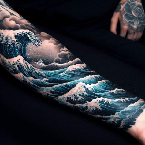 Wave Tattoos Men, Wave Back Tattoo, Black Waves Tattoo, Beach Waves Tattoo Minimalist, Waves Tattoo Sleeve, Japanese Wave Forearm Tattoo, Ocean Full Sleeve Tattoo, Japanese Wave Tattoo Design Half Sleeves, Wave Arm Tattoo