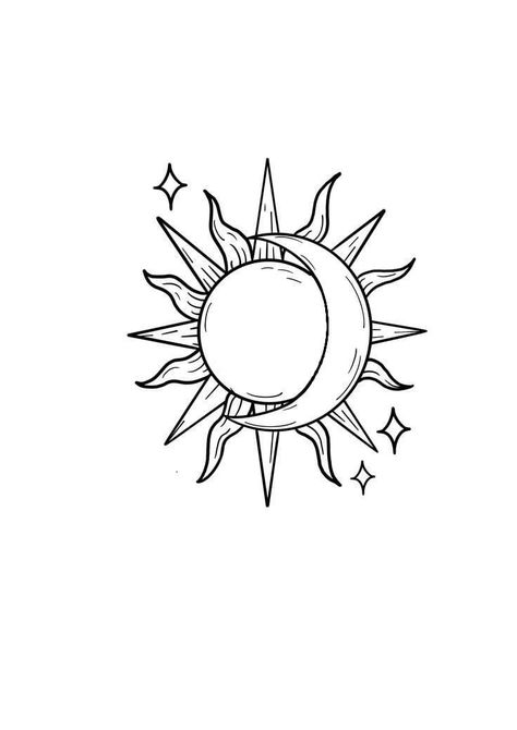 Moon With Sun Tattoo, Sun And Moon Tattoo Ideas Simple, Tato Moon, Sun And Moon Tattoo No Face, Twitches Sun And Moon Tattoo, Sun Drawing Aesthetic, Aesthetic Sun Drawing, Sun Moon Stars Wallpaper, Hippie Tats