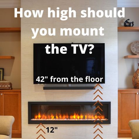 We get this question a LOT!  Here's a quick formula for getting your electric fireplace at a nice viewing height, without pushing the TV too far up the wall. Shiplap Wall Tv Room, Beach Home Fireplace, Coastal Linear Fireplace Ideas, Electric Fireplace Placement, Fireplace Tv Wall Dimensions, Rectangular Fireplace With Tv Above, Electric Fireplace In Basement, Wall Mounted Fireplace And Tv, Shiplap Fireplace Wall With Tv