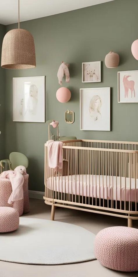 Green Nursery Ideas Pink Green And Gold Nursery, Hunter Green And Pink Nursery, Sage Green Pink Nursery Girl, Sage Green Baby Nursery Girl, Mint Green And Pink Nursery, Olive Green And Pink Nursery, Nursery Ideas Plants, Light Sage Nursery, Dark Green Girl Nursery