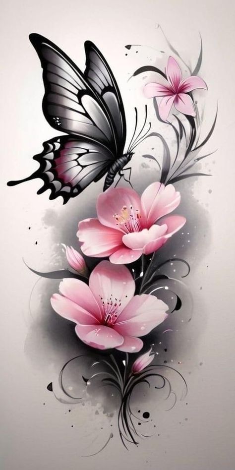 Butterfly And Orchid Tattoo, Lotus Flower And Butterfly Tattoo, Elegant Tattoos For Women Unique, Butterfly On Flower Drawing, Butterfly Flower Tattoo Design, Butterfly And Flower Tattoo Designs, Butterfly And Rose Tattoo, Flower Butterfly Tattoo, Butterfly And Flower Tattoo