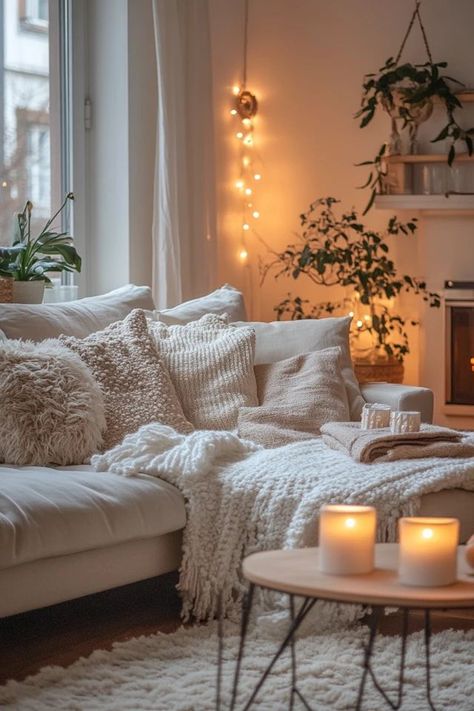 "Create a cozy retreat with a Scandinavian Winter Living Room! 🛋️❄️ Perfect for embracing simplicity, warmth, and hygge during the colder months. 🌟✨ #ScandinavianLiving #WinterDecor #LivingRoomInspiration" Soft Aesthetic Living Room, Cosy White Living Room, Cozy Minimalist Home Inspiration, Scandinavian Hygge Living Room, Cozy Christmas Room, Scandinavian Style Interior Design, Cozy Winter Living Room, Hygge Apartment, Scandinavian Living Room Nordic Style