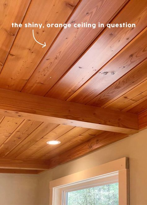 Reviving A Shiny, Orange Wood-Paneled Ceiling With Dry-Ice Blasting: Was It Worth It? - Emily Henderson Cedar Wood Ceiling Ideas, Orange Knotty Pine Walls, Wood Ceiling Makeover, Painting Wooden Ceiling, Honey Oak Ceiling Living Room, Cherry Wood Ceiling, Wood Ceiling Kitchen Ideas, Wood Floors And Ceilings, Knotty Pine Ceiling Makeover