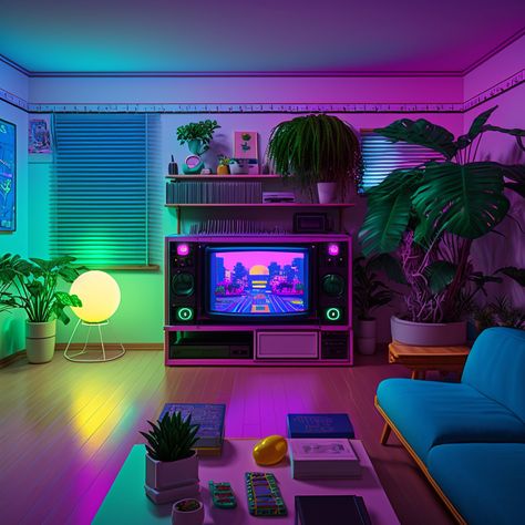 People and places that don't exist on Tumblr Lofi Aesthetic Living Room, Totally Spies Room Aesthetic, Vaporwave Apartment, Retro Bedroom Aesthetic 80, Vapor Wave Room, Vaporwave Decor, Synthwave Bedroom, Vaporwave House Decor, 80s Vaporwave Room