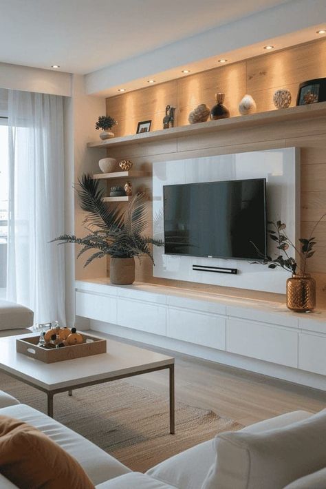 Hall Living Room Ideas, Tv Elevation Design, Wall Mounted Media Center, Living Room Inspiration Media Wall, Living Room Tv Furniture Ideas, Idea For Living Room Decorating, Stand Tv Design, Rectangle Lounge Room Ideas, Wood Tv Wall Ideas Living Room