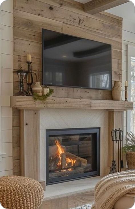 Faux Fireplace Mantel Living Room, Color Shiplap Fireplace, White Brick Fireplace With Wood Mantle And Shiplap, Shiplap Living Room With Fireplace, Diy Mantle And Built Ins, Family Room Design Tv Wall, Tv Over Fake Fireplace Ideas, Fireplace Mantel Surround Ideas, Photo Above Fireplace