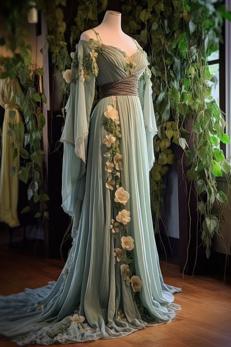 Book Inspired Dresses, Fantasy Spring Dress, Druid Ball Gown, Forest Goddess Dress, Lotr Dress Inspired Outfits, Ethereal Fantasy Dress, Fantasy Gown Aesthetic, Elven Core Outfits, Flowy Fantasy Dresses