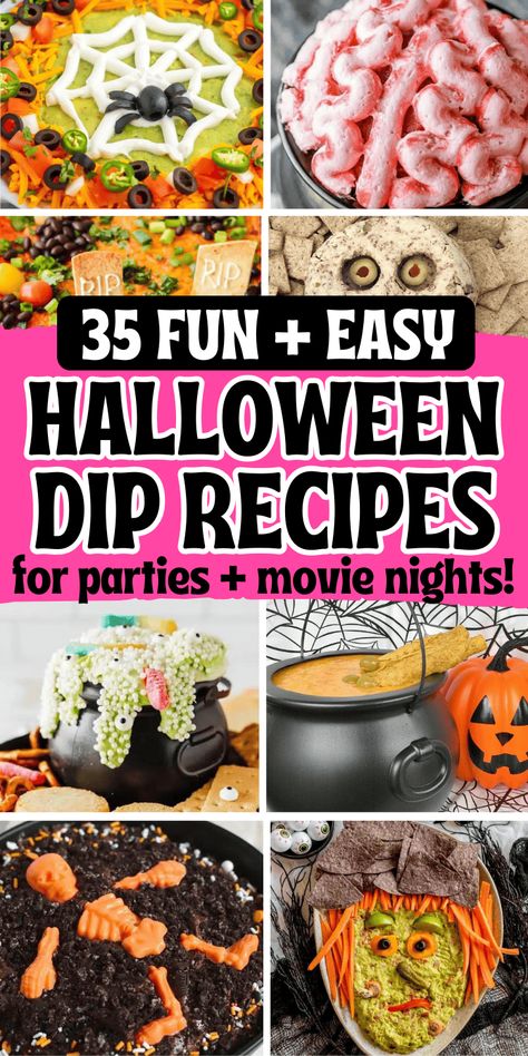 Easy Halloween dips for parties! Fun Halloween themed party dips including savory dip recipes and sweet dessert dips. From gross throw up queso dip and graveyard taco dip to cute halloween dessert dip for kids, you’ll love these easy halloween party appetizers. Cheap potluck ideas for Halloween, easy halloween desserts, halloween crockpot dip, creepy appetizers, adult halloween party food, halloween camping food ideas, simple halloween snacks, halloween charcuterie, spooky dips, movie night ... Halloween Layered Dip, Cheap Potluck Ideas, Cheap Potluck, Halloween Dips For Parties, Creepy Appetizers, Halloween Dessert Dip, Savory Dip Recipes, Halloween Crockpot, Halloween Dips