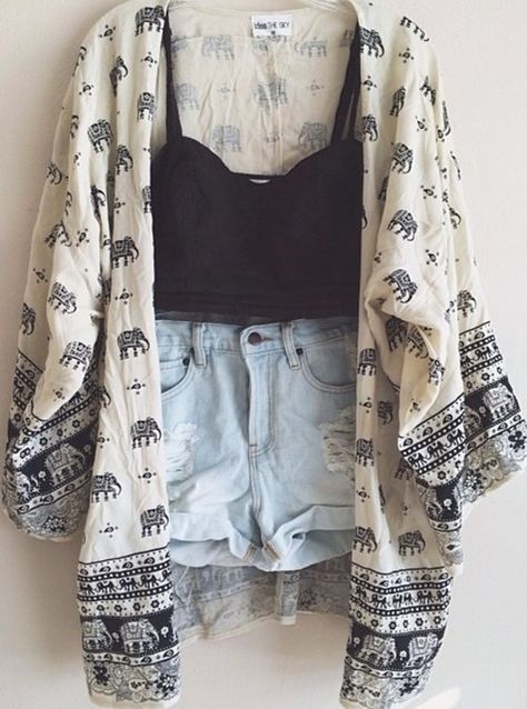 outfit Bridget Bardot, Look Grunge, Denim Crop Top, Bohol, An Elephant, Kimono Cardigan, Maxi Skirts, Cute Summer Outfits, Mode Inspiration