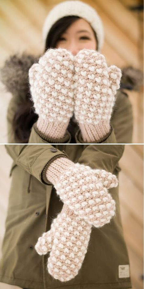 Chunky Warm Crochet Mittens. These fantastic chunky crochet mittens in the pictures below will amaze you with their bulkiness and warmth. They have a wool lining made of “thrums”, that are made strategically into the mitten so that they provide such coziness and comfiness! And they of course work up super fast as well! #freecrochetpattern #gloves #mittens Chunky Mittens Crochet Pattern Free, Crochet Wool Mittens, Crochet Hat And Mittens Free Pattern, Chunky Knit Mittens Pattern Free, Crochet Chunky Mittens, Chunky Crochet Mittens Free Pattern, Fast Christmas Crochet, Mitten Crochet Pattern Free, Easy Crochet Mittens For Beginners