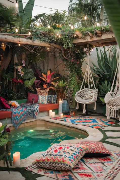 Cozy outdoor seating area with a small pool, colorful pillows, and lush greenery, illuminated by string lights Poolside Seating Ideas, Airbnb Pool Ideas, Verandah Ideas, Oasis Garden, Pool Inspiration, Tropical Lifestyle, Vibrant Decor, Retreat Ideas, Courtyard Gardens Design