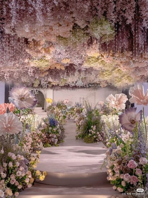 Wedding Inspo Romantic Reception, Ethereal Wedding Aesthetic, Ethereal Debut Theme, Debut Stage Decoration, Pelaminan Aesthetic, Floral Stage Decor, Dreamy Wedding Theme, Debut Theme, Dream Wedding Reception