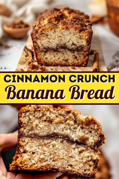 This easy cinnamon crunch banana bread combines ripe bananas, warm spices, and a sweet buttery crunch topping for the ultimate comforting treat! Best Of Bridge Banana Bread, Banana Bread Recipe No Sour Cream, 2 Ripe Banana Recipes, Banana Baking Recipes, Ripe Banana Recipes Easy, Banana Cinnamon Bread, Recipes With Ripe Bananas, Use Over Ripe Bananas, Best Banana Bread Recipe Moist