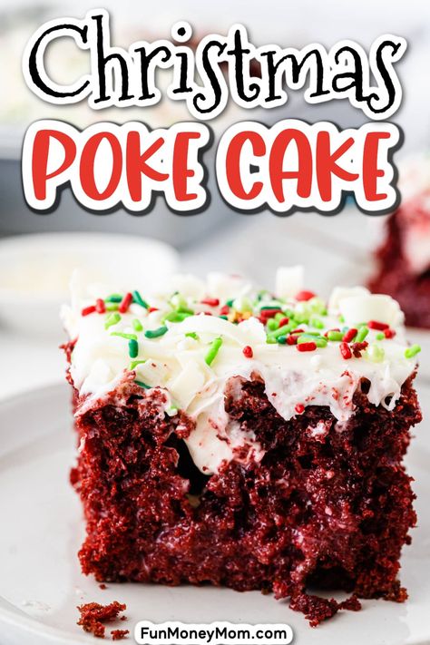 This Christmas Poke Cake is a fun and festive dessert that's perfect for the holiday season. Made with boxed cake mix, white chocolate and a cream cheese frosting, this delicious cake recipe will be the star of your holiday dessert table! Xmas Poke Cake, Christmas Dessert Recipes Baking Easy, Christmas Dump Cake Recipes, Christmas Poke Cake, Christmas Dinner Desserts, Holiday Dessert Table, Red Velvet Christmas, Boxed Cake Mixes Recipes, Holiday Desserts Christmas