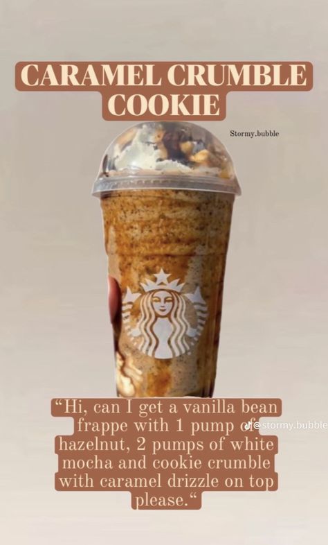 Starbucks Copycat Recipes Drinks, Caramel Crumble, Caramel Frappe, Starbucks Drink Menu, Crumble Cookie, Starbucks Secret Menu Recipes, Fun Drink Recipe, Cold Starbucks Drinks, Starbucks Drinks Diy