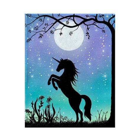 Full Moon And Stars, Stars Glow In The Dark, Simple Paintings, Painting Moon, Magical Paintings, Unicorn Painting, Original Canvas Painting, Silhouette Painting, Moon Painting