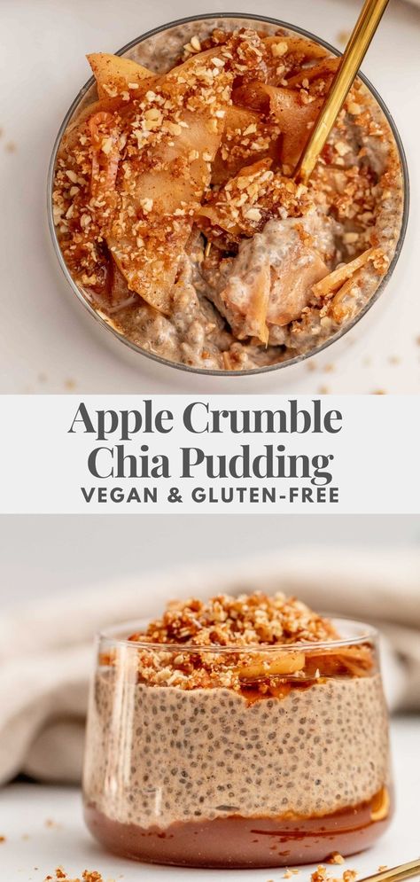 This Apple Crumble Chia Pudding is packed with all the fall flavors thanks to the addition of apple butter and warming spices. A fiber loaded breakfast that is easy to prep ahead of time. Autumn Chia Pudding, Raw Vegan Chia Pudding, Chia Pudding Apple, Breakfast Ideas Gut Health, Warm Chia Pudding Breakfast, Apple Chia Seed Pudding, Fall Chia Pudding, Apple Pie Chia Pudding, Chia Dessert Recipes