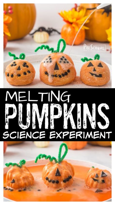 Science Experiments With Preschoolers, Preschool Baking Soda And Vinegar, Halloween Project For Toddlers, Easy Preschool Halloween Activities, October Science Kindergarten, Fall Toddler Science Activities, October Activities For First Grade, Pumpkin Science For Toddlers, Halloween Cause And Effect Activities