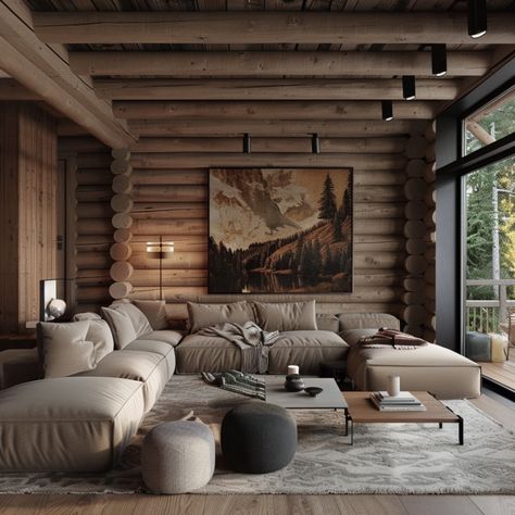 13 Cozy Log Cabin Home Interiors To Inspire You - DreamyHomeStyle Log Cabin Modern Kitchen, Log Cabin Painted Interior, Painted Log Cabin Interiors, Grey Log Cabin, Stables Interior, Modern Log Cabin Interior, Ranch Stables, Lakehouse Renovation, Log Cabins Interiors