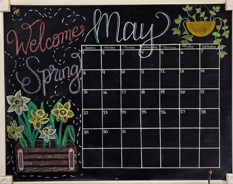 May Chalkboard Calendar, Whiteboard Calendar Ideas, Chalkboard Calendar Ideas, Calendar Chalkboard, Chalkboard Wall Calendars, Calendar Doodles, Calendar Decal, Whiteboard Art, Calendar Themes