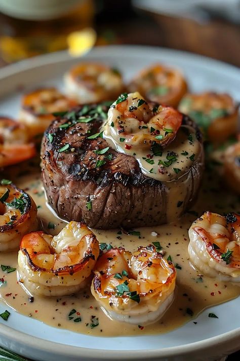 Filet Mignon with Shrimp and Lobster Cream Sauce offers a perfect blend of tender steak and rich seafood in a luxurious cream sauce. Lobster Cream Sauce, Michelin Food, Lobster Sauce, Mignon Steak, Filet Mignon Recipes, Michelin Star Food, Creamy Shrimp, Steak And Shrimp, Cream Sauce Recipes