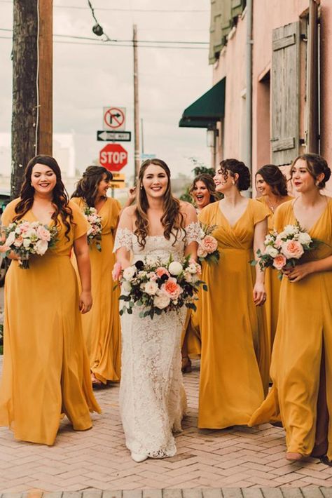 18 Yellow Bridesmaid Dresses For Bright Celebration ❤  yellow bridesmaid dresses long v neckline with cap sleeves mustard cody allison photography ❤ #weddingdresses Mustard Yellow Bridesmaid Dresses, Mustard Yellow Bridesmaid, Mustard Yellow Bridesmaid Dress, Popular Bridesmaid Dresses, Yellow Bridesmaid, Fall Bridesmaids, Fall Bridesmaid Dresses, Yellow Dresses, Yellow Bridesmaid Dresses