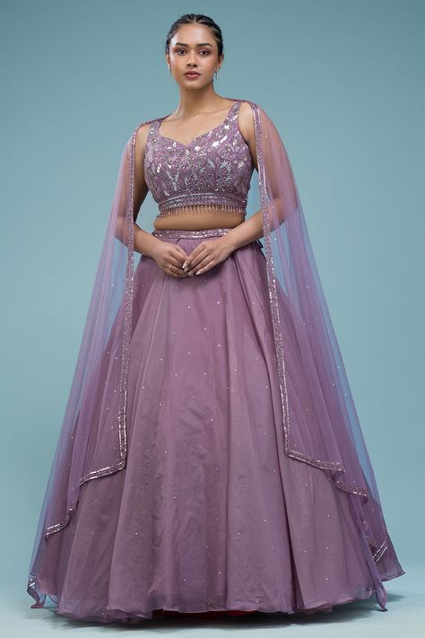 #lehenga #lehengacholi #samyakkclothing #samyakklehenga #organza fabric #designerlehenga #dusty lavender color #sequins work #purple pantone #embroidery #onlineshopping #onlinelehenga Beautiful Blouse Designs For Lehenga, Front Blouse Designs Latest For Lehenga, Net Lehenga Choli Designs Latest, Lavender Lehenga Ideas, Lahenga Design Net, Lavender Lehanga Designs, Lilac Color Saree, Light Purple Lehenga Color Combos, Lehanga Neck Designs