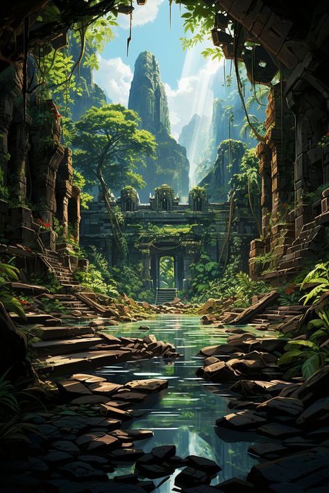 fantasy art, wallpaper, background, fantasy drawings, digital art, fantasy illustrations, fantasy landscape art, abandoned temple, crumbling sanctuary, heart of den, forgotten ruins, ancient relic, derelict architecture, desolate structure, mystical edifice, decayed holy place, fantasy landscape, mystical fantasy, digital illustration, fantasy scene, dark fantasy, atmospheric art, magical artwork, surreal artwork, mysterious artwork, fantasy world, fantasy concept Abandoned Temple, Fantasy Landscape Art, Background Fantasy, Jungle Temple, Forgotten Places, Mystical Places, Jungle Art, Surreal Artwork, Fantasy Concept