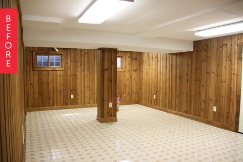 Wood paneling and tile and fluorescent lights, oh my! Heather’s basement was lacking a cozy charm and full of standard issue basement problems (we’re talking about you, mold) so she flexed some serious DIY muscle and turned the space into a warm, family friendly hang out. From Heather: This basement remodel was a heavy lift. We started out with a linoleum and wood paneled jungle, complete with mold, mice, mildew, and hardly a beam of natural light as far as the eye could see. Basement Remodeling Before And After, Wood Paneling Makeover, Remodeling Basement, Low Ceiling Basement, Paneling Makeover, Basement Decoration, Basement Conversion, Dark Basement, Old Basement