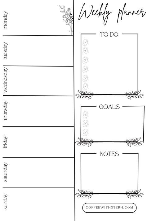 This is a free weekly planner printable. There are spaces for each day of the week, to do list, goals and notes. It is in black and white for easier printing. Weekday Planner Template, Weekly Planner Free Download, Free Weekly Printable Planner, Week At A Glance Printable Free, Weekly To Do List Printable Free, Weekly Planner Pdf Free, Printable Bullet Journal Pages Free, Happy Planner Printables Free, Weekly Planner Template Goodnotes