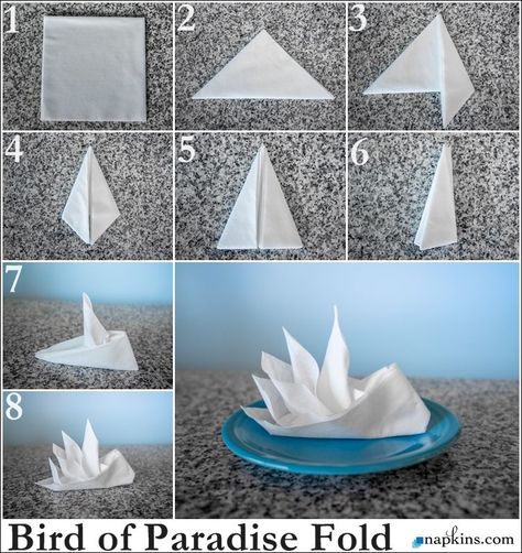 Bird of Paradise Napkin Fold | Paper napkin folding, Fancy napkin folding, Napkin origami Napkin Origami, Oasis Decor, Creative Napkin Fold, Diy Napkin Folding, Napkin Folding Tutorial, Napkin Folding Ideas, Christmas Napkin Folding, Fancy Napkin Folding, Easy Napkin Folding