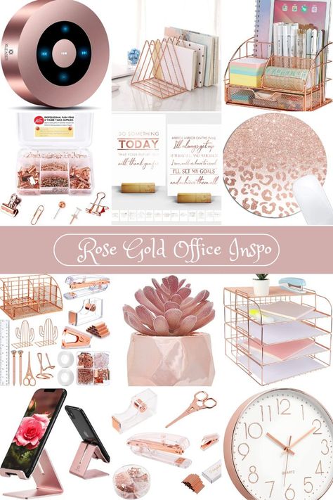 Black White And Rose Gold Office, Pink Work Office Decor, Cute Boho Office Ideas, Dusty Rose Office Decor, Rose Gold And Green Office, Rose Gold Office Supplies, Rose Gold Cubicle Decor Office, Pink Gold Office Decor, Rose Gold Cubicle Decor