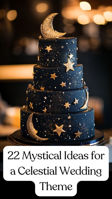 Stunning cake featuring constellation patterns, glittering stars, and moon shapes with deep navy and gold colors. Star Cake Decorations, Navy And Gold Celestial Wedding, Starry Night Quinceanera Cake, Stars Cake Ideas, Throne Of Glass Wedding, Celestial Wedding Cakes, Wedding Galaxy Theme, Acotar Cake Ideas, Sun And Moon Wedding Cake