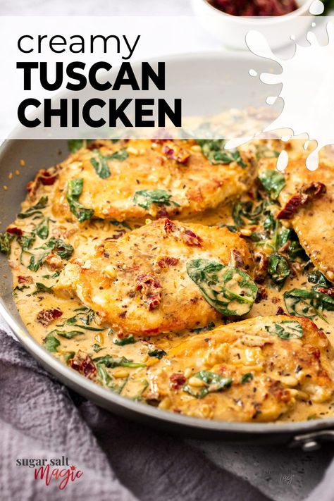 This creamy Tuscan chicken with spinach and sun dried tomatoes is an easy one pan dinner you’ll want to make again and again. With robust flavours of garlic and parmesan, this quick creamy chicken recipe is an absolute winner. Tender and juicy, seared chicken wrapped in a rich creamy sauce filled with garlic, parmesan and sun dried tomatoes and it tastes just divine. This recipe is quick and easy, plus it's just as great for a family dinner as it is for entertaining. Creamy Tuscan Chicken Recipe, Tuscan Chicken Recipe, Creamy Tuscan Chicken, Creamy Parmesan Sauce, Tuscan Chicken, Chicken Dishes Recipes, Juicy Chicken, The Dinner, Creamy Sauce