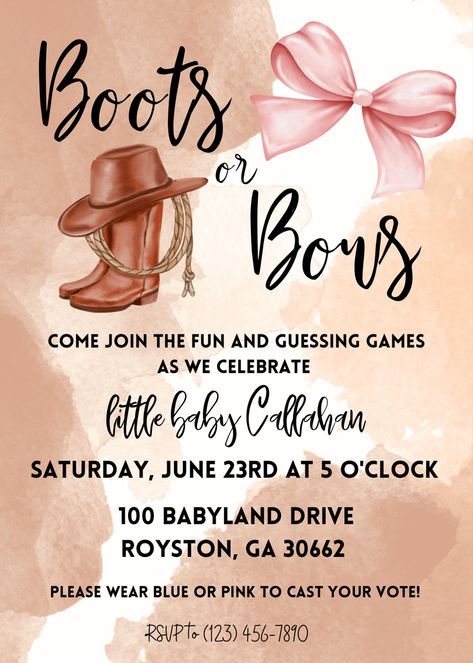 Gender Reveal Invitation Gender Reveal Western Ideas, Gender Reveal Themes Western, Gender Reveal Buck Or Doe Ideas, Cowboy Cowgirl Gender Reveal Ideas, Best Gender Reveal Themes, Western Gender Reveal Invitations, Cute Country Gender Reveal Ideas, Western Gender Reveal Themes, Cowboy Vs Cowgirl Gender Reveal