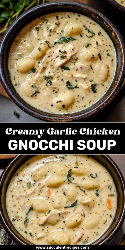 Warm, comforting, and full of creamy garlic flavor, this gnocchi soup is the ultimate cozy dinner! Garlic Chicken Gnocchi, Gnocchi Recipes Easy, Chicken Gnocchi Soup Recipe, Gnocchi Recipes Soup, Low Calorie Recipes Dinner, Spicy Chicken Recipes, Quick Chicken Recipes, Chicken Gnocchi, Creamy Garlic Chicken