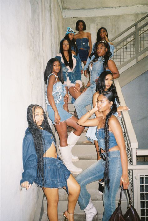 90s Photoshoot Friends, Black Women Group Photoshoot Ideas, Group Denim Photoshoot, Color Coordinated Outfits Friends Black, Group Photoshoot Black Women, 90s Best Friend Photoshoot, All Black Group Photoshoot, Denim Photography Photo Shoots, Birthday Outfit Themes For Women Group