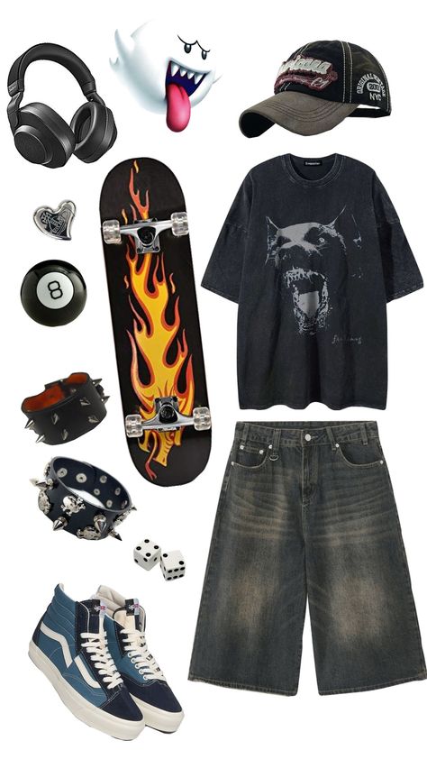 #sk8 #sk8r #sk8er #sk8fit #jorts #jortsoutfit #jortsfit #baggy #baggyfit #baggyoutfit #baggyclothes #vans #spiky #edgy #headphones Skateboard Outfits, Urban Clothing, Baggy Clothes, Skate Style, Tomboy Outfits, Shoe Inspo, Swaggy Outfits, Aesthetic Outfit, Cute Everyday Outfits