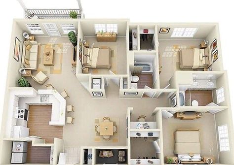 Three Bedroom Apartment Layout, 100 M2 Apartment Plan, Three Bedroom Apartment Design, Three Bedroom Bungalow House Plans, Four Bedroom Apartment Floor Plan, Sims 4 3 Bedroom Apartment, House Layouts 3 Bedroom, Modern Apartment Layout, Three Bedroom Apartment Floor Plans