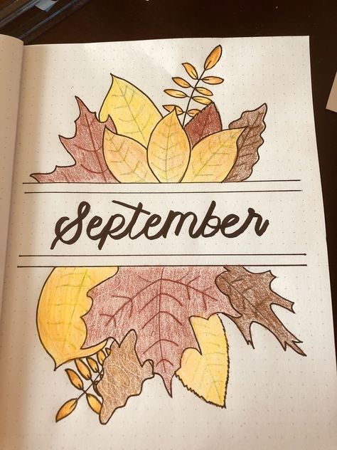 September cover page leaves September Boulet Journal, Month Drawings September, September Sketchbook Ideas, November Drawings, September Drawings, Bullet Journal November, November Journal, September Bujo, November Bullet Journal