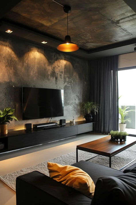 40 Interior Design Ideas for a Stunning Black Living Room Black Tiles Living Room Interior Design, Living Room Black Decor Ideas, Black With Wood Living Room, Black Wall Decor Ideas Living Room, Living Room Decor Wood And Black, Living Room Black Aesthetic, Cozy Loft Decor, Dark Living Room Aesthetic Cozy, Dark Modern House Living Room