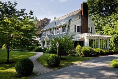 Nice enclosed porch, curb appeal... Western Mass. House Tour: Dutch Colonial Revival in Longmeadow American Colonial House, Modern Colonial House Exterior, Dutch Colonial Exterior, Dutch Colonial Revival, Modern Colonial House, Dutch Colonial House, Colonial Revival House, Dutch Colonial Homes, Colonial House Exteriors