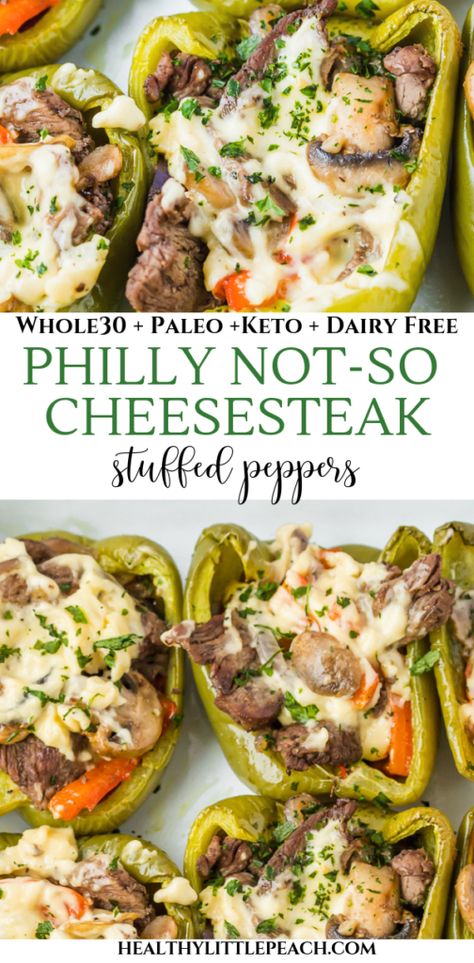 Philly Not-So Cheesesteak Stuffed Peppers |  Healthy Little Peach Steak Mushrooms, Cheesesteak Stuffed Peppers, Wallpaper Food, Cheese Alternative, Stuffed Peppers Healthy, Whole30 Chicken, Whole30 Dinners, Sliced Steak, Diner Recept