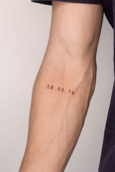 Small Writing Tattoo Men, Arm Number Tattoo, In Due Time Tattoo, Date Of Birth Tattoos Children, Mens Family Tattoos, Number Tattoo Arm, Hidden Tattoos Men, Birthday Tattoo Men, Date Tattoo Ideas For Men