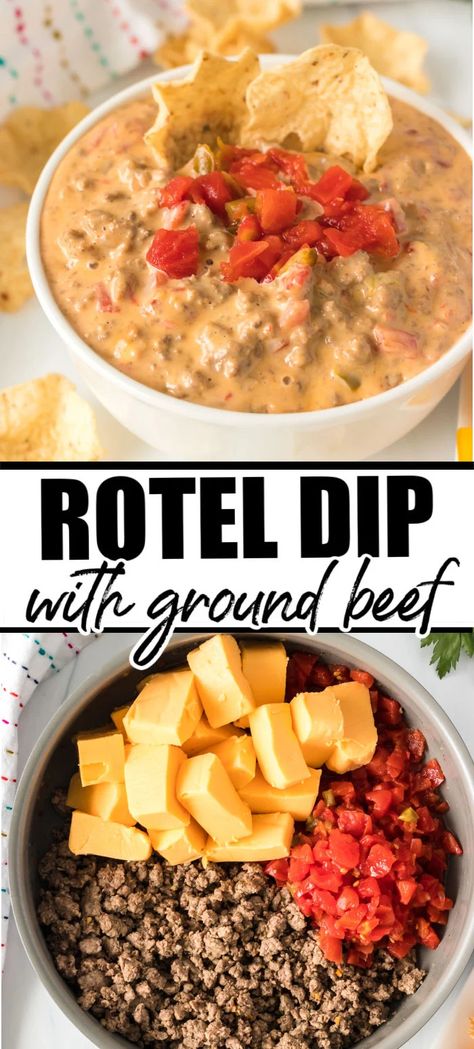 Spicy Rotel Dip With Ground Beef, Football Food With Ground Beef, Rotel With Ground Beef, Best Rotel Dip With Ground Beef, Appetizer Recipes With Ground Beef, Easy Dinner Recipe With Ground Beef, Ground Beef And Rotel Recipes, Baked Rotel Dip, Best Nachos Recipe Ground Beef