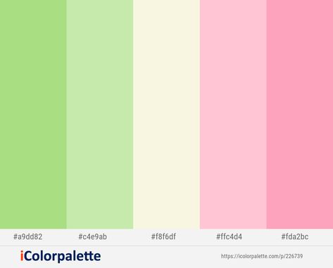 Mitsuri Kanroji Color Palette, Kawaii Color Pallete, Yellow Pink Green Colour Palettes, Cutecore Color Palette, Mitsuri Color Palette, Pink Color Palette Combination, Green Pink Colour Palette, Unusual Color Palettes, Pink And Green Character