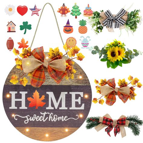 PRICES MAY VARY. INTERCHANGEABLE SEASONAL WELCOME SIGN - The wooden seasonal wreath for front door is about 12 x 12 x 0.8 inches, features 4 styles of season with spring wreath、summer wreath、fall wreath、winter wreath and 12 LED light, 14 styles of holiday pendants with rabbit, star flag, love, clover, chicken, maple leaf, cake, home, football, pineapple, pumpkin, sun, sunflower and Christmas tree, you can change each wreath and Changeable Icon to your needs to welcome each season with a differen Maple Leaf Cake, Seasonal Welcome Sign, Pineapple Pumpkin, Wood Wreaths, Seasonal Signs, Leaf Cake, Welcome Sign Front Door, Outdoor Farmhouse, Welcome Signs Front Door