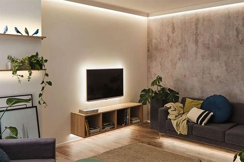 46 genius hacks for LED strip lights | loveproperty.com Led Lights Living Room Ideas, Strip Light Ideas, Led Lights Strip Ideas, Lights Behind Tv, Apartment Lighting, Tv Lighting, Hidden Lighting, Led Lighting Diy, Led Lighting Bedroom