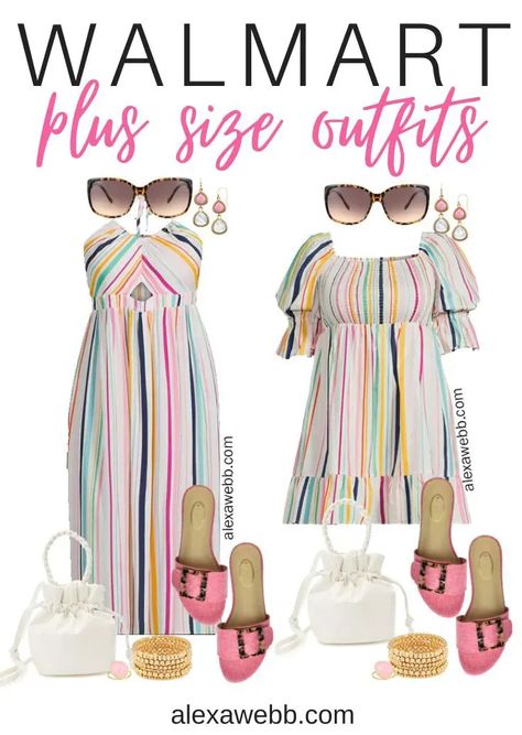 Plus Size Sweet Date Outfits with Walmart - A cute and sweet plus size outfit for summer date nights by Alexa Webb. This adorable outfit features a colorful striped dress and slide sandals. Summer Party Outfit Plus Size, Beach Vacation Outfits Plus Size, Outfits From Walmart, Plus Size Summer Outfits Big Stomach, Walmart Outfits, Plus Size Summer Casual, Alexa Webb, Pink Drop Earrings, Outfit For Summer