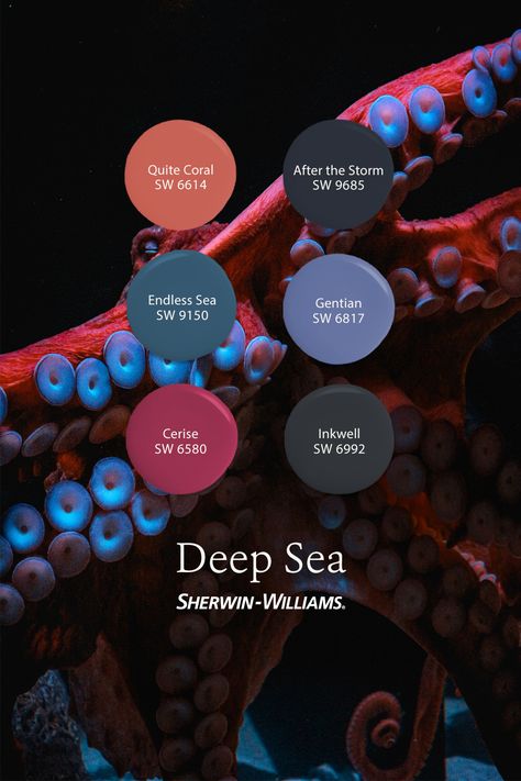 Color inspiration lurks just beneath the surface with this moody and mysterious deep-sea-inspired paint palette from Sherwin-Williams. Ready to get your DIY painting project started? We pre-loaded a shopping cart with six FREE color chips. Simply tap this pin to place an order, and we'll mail them to your door. #sherwinwilliams #paint #painting #sea #palette #interiordesign Moody Teal Color Palette, Wherein Williams Paint Palette, Deep Sea Colour Palette, Deep Sea Palette, Dark Mermaid Color Palette, Octopus Color Palette, Deep Ocean Color Palette, Deep Sea Color Palette, Siren Color Palette